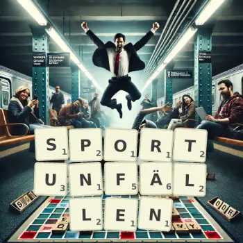 Kreative Illustration für ein Scrabble-Spiel, bei dem das Wort SPORTUNFÄLLEN mit Steinen auf dem Brett gelegt wurde.