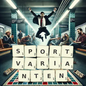 Kreative Illustration für ein Scrabble-Spiel, bei dem das Wort SPORTVARIANTEN mit Steinen auf dem Brett gelegt wurde.