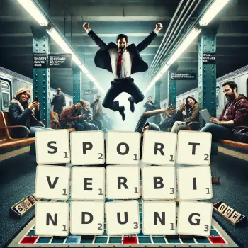 Kreative Illustration für ein Scrabble-Spiel, bei dem das Wort SPORTVERBINDUNG mit Steinen auf dem Brett gelegt wurde.
