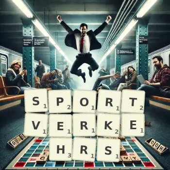 Kreative Illustration für ein Scrabble-Spiel, bei dem das Wort SPORTVERKEHRS mit Steinen auf dem Brett gelegt wurde.
