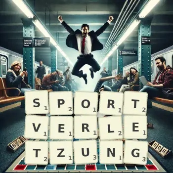 Kreative Illustration für ein Scrabble-Spiel, bei dem das Wort SPORTVERLETZUNG mit Steinen auf dem Brett gelegt wurde.