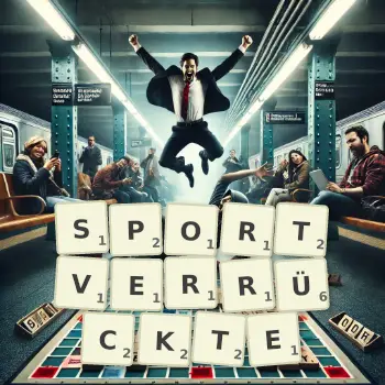 Kreative Illustration für ein Scrabble-Spiel, bei dem das Wort SPORTVERRÜCKTE mit Steinen auf dem Brett gelegt wurde.