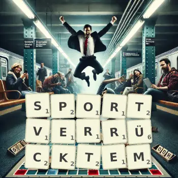 Kreative Illustration für ein Scrabble-Spiel, bei dem das Wort SPORTVERRÜCKTEM mit Steinen auf dem Brett gelegt wurde.