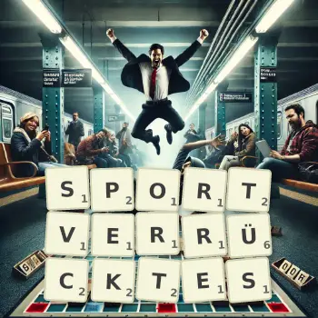 Kreative Illustration für ein Scrabble-Spiel, bei dem das Wort SPORTVERRÜCKTES mit Steinen auf dem Brett gelegt wurde.