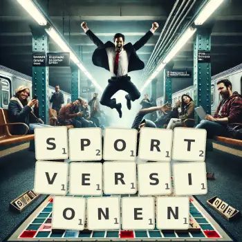 Kreative Illustration für ein Scrabble-Spiel, bei dem das Wort SPORTVERSIONEN mit Steinen auf dem Brett gelegt wurde.