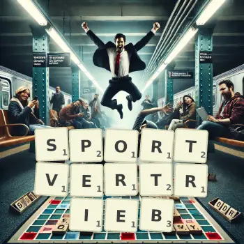 Kreative Illustration für ein Scrabble-Spiel, bei dem das Wort SPORTVERTRIEB mit Steinen auf dem Brett gelegt wurde.