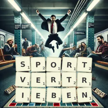 Kreative Illustration für ein Scrabble-Spiel, bei dem das Wort SPORTVERTRIEBEN mit Steinen auf dem Brett gelegt wurde.