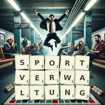 Kreative Illustration für ein Scrabble-Spiel, bei dem das Wort SPORTVERWALTUNG mit Steinen auf dem Brett gelegt wurde.