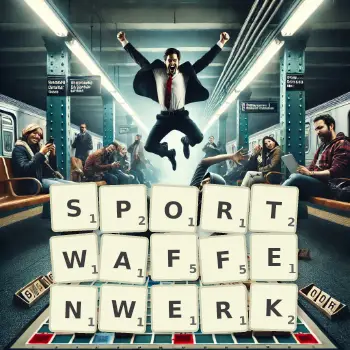 Kreative Illustration für ein Scrabble-Spiel, bei dem das Wort SPORTWAFFENWERK mit Steinen auf dem Brett gelegt wurde.