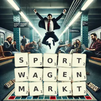 Kreative Illustration für ein Scrabble-Spiel, bei dem das Wort SPORTWAGENMARKT mit Steinen auf dem Brett gelegt wurde.