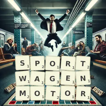 Kreative Illustration für ein Scrabble-Spiel, bei dem das Wort SPORTWAGENMOTOR mit Steinen auf dem Brett gelegt wurde.