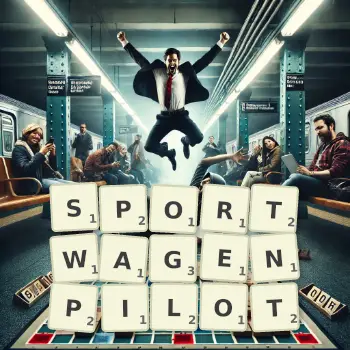 Kreative Illustration für ein Scrabble-Spiel, bei dem das Wort SPORTWAGENPILOT mit Steinen auf dem Brett gelegt wurde.