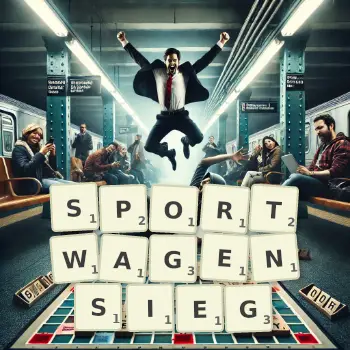 Kreative Illustration für ein Scrabble-Spiel, bei dem das Wort SPORTWAGENSIEG mit Steinen auf dem Brett gelegt wurde.