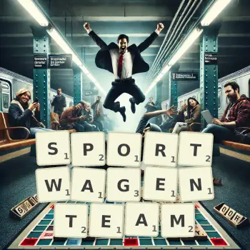 Kreative Illustration für ein Scrabble-Spiel, bei dem das Wort SPORTWAGENTEAM mit Steinen auf dem Brett gelegt wurde.