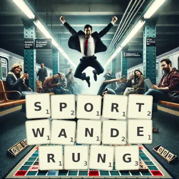Kreative Illustration für ein Scrabble-Spiel, bei dem das Wort SPORTWANDERUNG mit Steinen auf dem Brett gelegt wurde.
