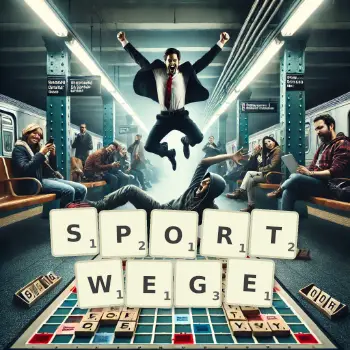 Kreative Illustration für ein Scrabble-Spiel, bei dem das Wort SPORTWEGE mit Steinen auf dem Brett gelegt wurde.