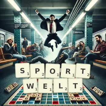 Kreative Illustration für ein Scrabble-Spiel, bei dem das Wort SPORTWELT mit Steinen auf dem Brett gelegt wurde.