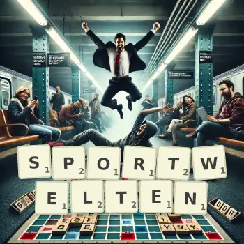 Kreative Illustration für ein Scrabble-Spiel, bei dem das Wort SPORTWELTEN mit Steinen auf dem Brett gelegt wurde.