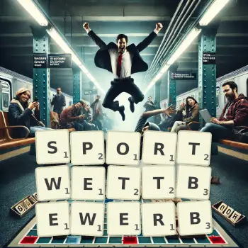 Kreative Illustration für ein Scrabble-Spiel, bei dem das Wort SPORTWETTBEWERB mit Steinen auf dem Brett gelegt wurde.
