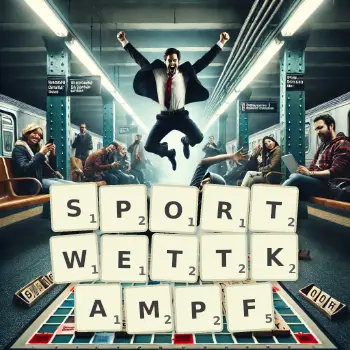 Kreative Illustration für ein Scrabble-Spiel, bei dem das Wort SPORTWETTKAMPF mit Steinen auf dem Brett gelegt wurde.