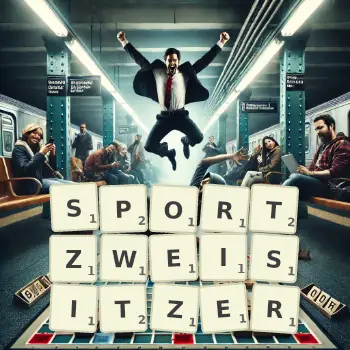 Kreative Illustration für ein Scrabble-Spiel, bei dem das Wort SPORTZWEISITZER mit Steinen auf dem Brett gelegt wurde.