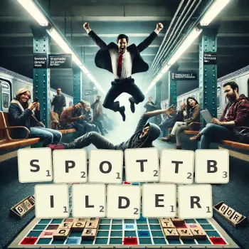 Kreative Illustration für ein Scrabble-Spiel, bei dem das Wort SPOTTBILDER mit Steinen auf dem Brett gelegt wurde.