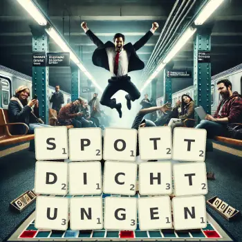 Kreative Illustration für ein Scrabble-Spiel, bei dem das Wort SPOTTDICHTUNGEN mit Steinen auf dem Brett gelegt wurde.