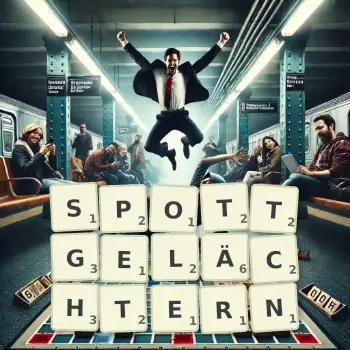Kreative Illustration für ein Scrabble-Spiel, bei dem das Wort SPOTTGELÄCHTERN mit Steinen auf dem Brett gelegt wurde.