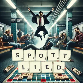 Kreative Illustration für ein Scrabble-Spiel, bei dem das Wort SPOTTLIED mit Steinen auf dem Brett gelegt wurde.