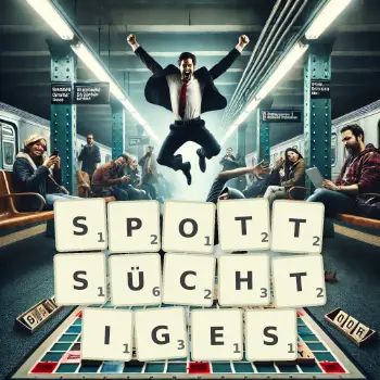 Kreative Illustration für ein Scrabble-Spiel, bei dem das Wort SPOTTSÜCHTIGES mit Steinen auf dem Brett gelegt wurde.