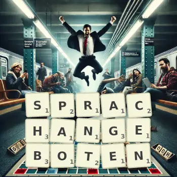Kreative Illustration für ein Scrabble-Spiel, bei dem das Wort SPRACHANGEBOTEN mit Steinen auf dem Brett gelegt wurde.
