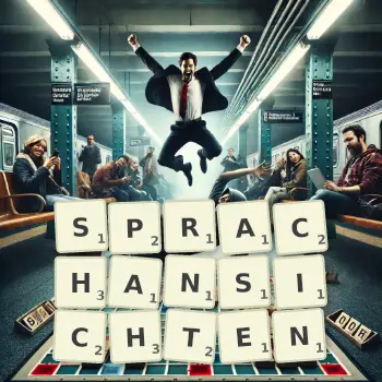 Kreative Illustration für ein Scrabble-Spiel, bei dem das Wort SPRACHANSICHTEN mit Steinen auf dem Brett gelegt wurde.