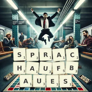 Kreative Illustration für ein Scrabble-Spiel, bei dem das Wort SPRACHAUFBAUES mit Steinen auf dem Brett gelegt wurde.