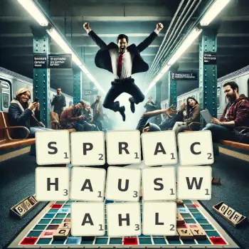 Kreative Illustration für ein Scrabble-Spiel, bei dem das Wort SPRACHAUSWAHL mit Steinen auf dem Brett gelegt wurde.