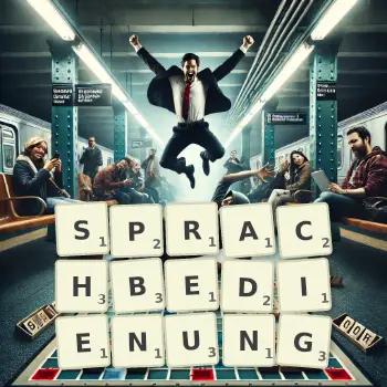 Kreative Illustration für ein Scrabble-Spiel, bei dem das Wort SPRACHBEDIENUNG mit Steinen auf dem Brett gelegt wurde.