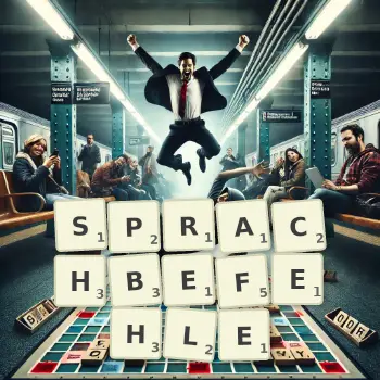 Kreative Illustration für ein Scrabble-Spiel, bei dem das Wort SPRACHBEFEHLE mit Steinen auf dem Brett gelegt wurde.