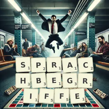 Kreative Illustration für ein Scrabble-Spiel, bei dem das Wort SPRACHBEGRIFFE mit Steinen auf dem Brett gelegt wurde.