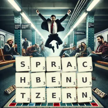 Kreative Illustration für ein Scrabble-Spiel, bei dem das Wort SPRACHBENUTZERN mit Steinen auf dem Brett gelegt wurde.
