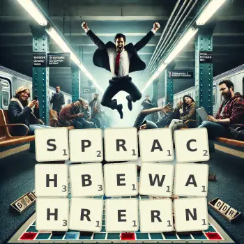 Kreative Illustration für ein Scrabble-Spiel, bei dem das Wort SPRACHBEWAHRERN mit Steinen auf dem Brett gelegt wurde.