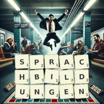Kreative Illustration für ein Scrabble-Spiel, bei dem das Wort SPRACHBILDUNGEN mit Steinen auf dem Brett gelegt wurde.