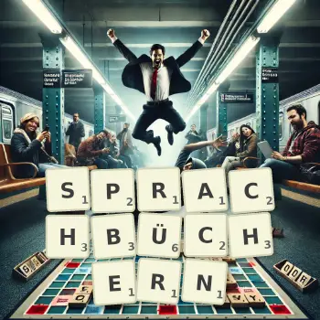 Kreative Illustration für ein Scrabble-Spiel, bei dem das Wort SPRACHBÜCHERN mit Steinen auf dem Brett gelegt wurde.