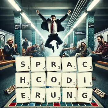 Kreative Illustration für ein Scrabble-Spiel, bei dem das Wort SPRACHCODIERUNG mit Steinen auf dem Brett gelegt wurde.