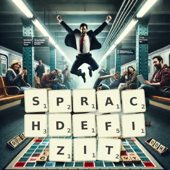 Kreative Illustration für ein Scrabble-Spiel, bei dem das Wort SPRACHDEFIZIT mit Steinen auf dem Brett gelegt wurde.
