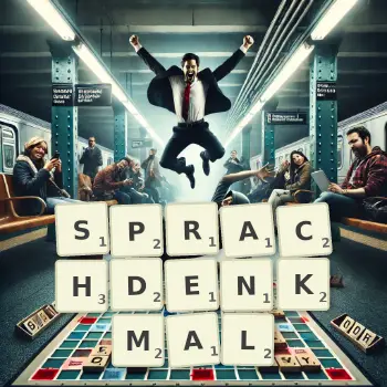 Kreative Illustration für ein Scrabble-Spiel, bei dem das Wort SPRACHDENKMAL mit Steinen auf dem Brett gelegt wurde.