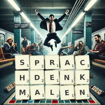 Kreative Illustration für ein Scrabble-Spiel, bei dem das Wort SPRACHDENKMALEN mit Steinen auf dem Brett gelegt wurde.