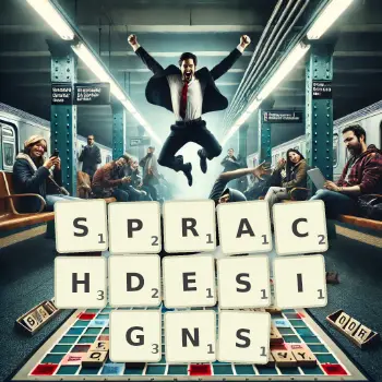 Kreative Illustration für ein Scrabble-Spiel, bei dem das Wort SPRACHDESIGNS mit Steinen auf dem Brett gelegt wurde.