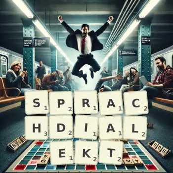 Kreative Illustration für ein Scrabble-Spiel, bei dem das Wort SPRACHDIALEKT mit Steinen auf dem Brett gelegt wurde.