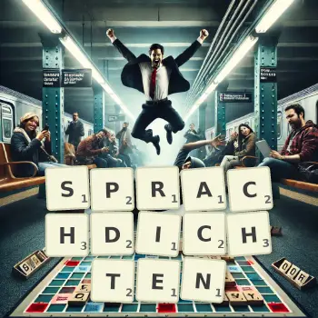 Kreative Illustration für ein Scrabble-Spiel, bei dem das Wort SPRACHDICHTEN mit Steinen auf dem Brett gelegt wurde.