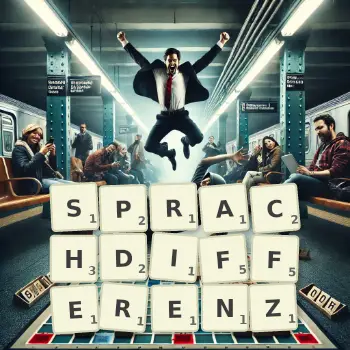 Kreative Illustration für ein Scrabble-Spiel, bei dem das Wort SPRACHDIFFERENZ mit Steinen auf dem Brett gelegt wurde.