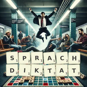 Kreative Illustration für ein Scrabble-Spiel, bei dem das Wort SPRACHDIKTAT mit Steinen auf dem Brett gelegt wurde.